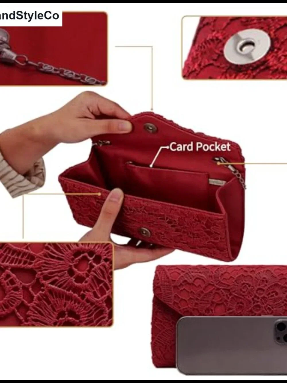 Lace Embroidered Clutch Evening Bag Envelope Satin Purse